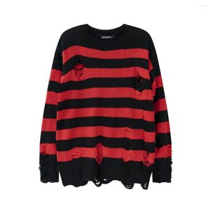 Men's T Shirts High Street Retro Punk Red And Black Stripes Autumn Sweater Men Loose Ripped Hole Tassel Pullover Round Neck Casual Clothes