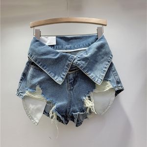 Shorts Feminino DEAT Trend Furo Irregular Patchwork Curto Jeans Cintura Alta Manguito Magro Perna Larga 2023 Verão 11XX2448 230803