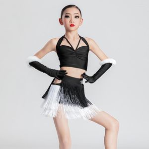 Traje de palco para meninas Traje de dança latina Preto Halter Top Saia com franjas Prática de roupas de salsa para competição SL6217