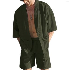 Agasalhos masculinos de verão, roupas de praia, conjunto de 2 peças de linho de algodão, cor sólida, botões de meia manga, camisas, shorts, roupas havaianas soltas