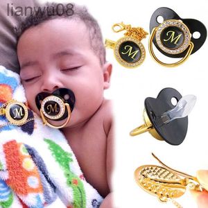 Pacifiers# Name Initials Baby Pacifier and Clip Luxury Black Bling Alphabet Letter Infant Pacifier Gold Letter Unique Baby Shower Gift x0804