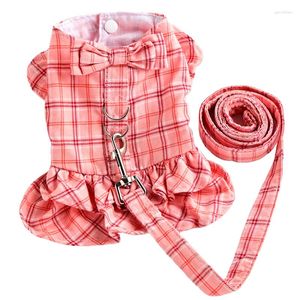 Dog Apparel Summer Thin Cotton Plaid Dress Harness With Leash Pet Skirt Clothes