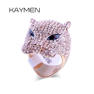 Alianças de casamento KAYMEN est Leopard Animal Statement Ring for Women Girls Gold Plating Full Rhinestones Chunky Wedding Party Costume Jewelry 230804