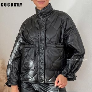 Jaquetas femininas jaqueta de inverno parka feminina gola alta com cordão solto casaco parka de couro algodão curto trf