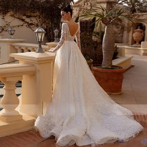 3D Flowers Lace Bling Wedding Dress With Illusion Long Sleeve Open Back Bridal Wedding Gown Backless Wedding Dresses For Bride