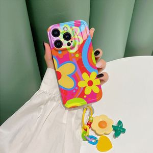 Soft TPU Cell Cell Case na iPhone14 Pro Max 13 12 11 Smile Face Sun Flower Design Design z paskiem ręcznym Pełna okładka obudowa