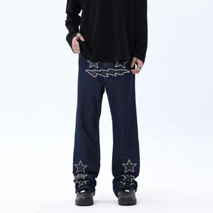 Men's Jeans High Street PU Leather Stars Embroidered For Men And Women's Slim Flared Retro Blue Straight Leg Casual Pants 2023
