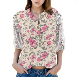 Magliette da donna Stampa floreale artistica Retro scollo a V Pullover con bottoni Manica lunga in pizzo di media lunghezza Elegante Blusas per le donne Autunno