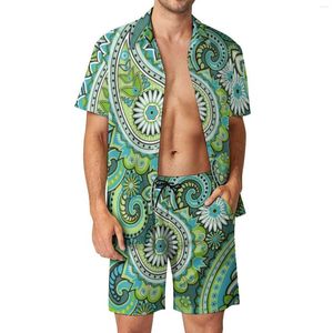 Herrespår söta paisley tryck män set retro blommig casual skjorta set hawaii strand shorts sommar anpassad kostym 2 bit kläder plus storlek