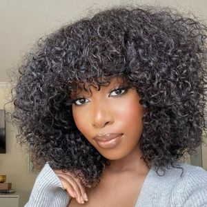 Synthetic Wigs Brazilian Kinky Curly Human Hair With Bangs Short Remy Full Machine Made for Black Women Glueless 230803
