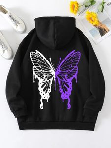 Herren Hoodies Schmetterling Grafik Ästhetik für Männer Frauen Weiß Lila Farbkontrast Streetwear Vintage Hip Hop Y2k Sweatshirts