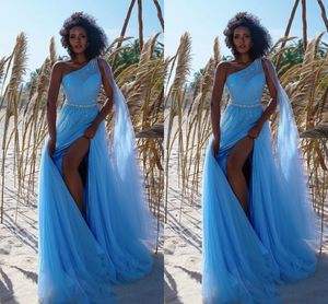 Sexy Light Blue A Line Prom Dresses Long For Women One Shoulder Tulle Beaded High Side Split Evening Party Birthday Pageant Gowns Formal Wear Special Occasion Dress