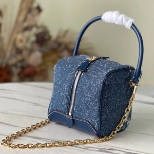 Dice Square Shoulder Bags Denim Blue Dressing Box Cow Leather Trim Handle Vintage Detachable Chain Zipper Bag Handbags Mini totes cosmetic cosmetic 59611 16cm L220