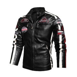 QNPQYX Vintage Men PU Leather Jacket Motorcycle Biker Jackets Casual Patchwork Zipper Overcoat Male Embroidery Slim Fleece Winter Coat