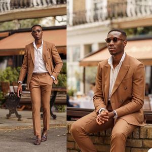 Herrdräkter Casual Brown Mens Tuxedos Double Breasted Groom Wear Wedding Suit 2 Pieces Business Prom Party Blazer (Jacket Pants)