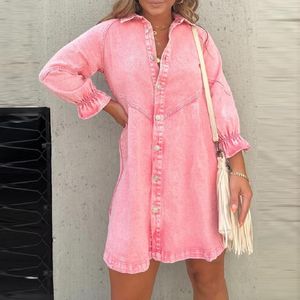 Casual Dresses Lady Lapel Single-Breasted Dress Autumn Solid Color Long Sleeve Denim Fashion Simple Office A-Line Mini Shirt