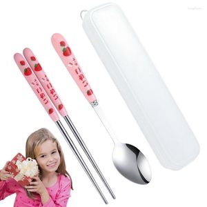 Dinnerware Sets Cutlery Set With Case Portable Stainless Steel Flatware 3 In 1 Strawberry Tableware Kitchen