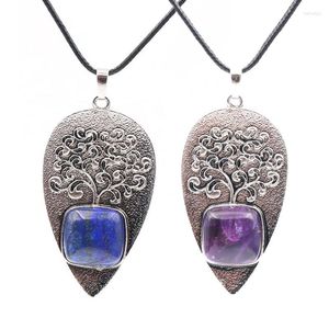 Anhänger Halsketten Heilung Baum des Lebens Natürliche Kristall Halskette Quadrat Charme Wasser Tropfen Amethysten Lapis Rosa Quarz Frauen Schmuck