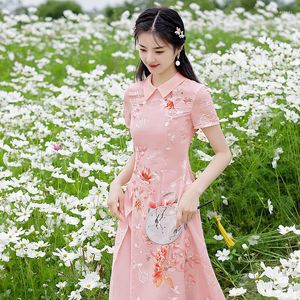 Ethnic Clothing 2023 Summer Daily Aodai Traditional Cheongsam Young Mid-length Short-sleeved Improved Pink Blue Qipao Modern Chinese Dress