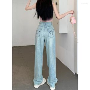 Women's Jeans Clothing Blue Denim Printing High Waisted Vintage American Style Straight Wide Leg Pants 2023 Female