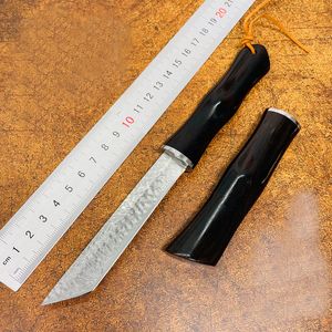 1PCS S7208 Outdoor Survival Prosty nóż Damascus Steel Tanto Point Blade Ebony Rękoch