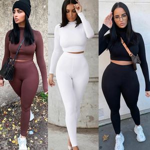 Calças femininas de duas peças Conjuntos de duas peças Feminino Agasalhos de outono lisos Cintura alta Roupa esportiva elástica Crop tops e leggings Combinando roupas 230804