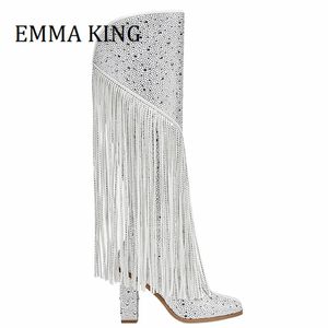 Boots Women Crystal-embellished Knee High Booties Ladies Pointed Toe Western Fringe Boots Female Catwalk Botines De Mujer 230803