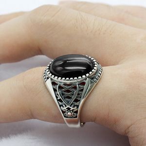 Alianças de Casamento Prata Esterlina Real 925 Anel Islâmico Masculino com Pedra Onyx Negra Espadas Duplas para Homem Joias Religiosas Turcas Presente 230804