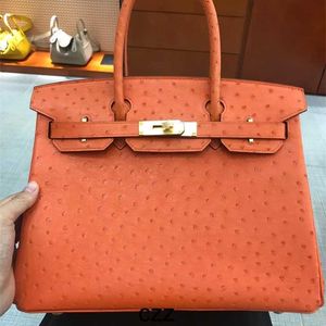 Handväska äkta Platinum Leather BK Women Ostrich väskor Kvinnor High-End Real Lady 1 med Logo Y4S7