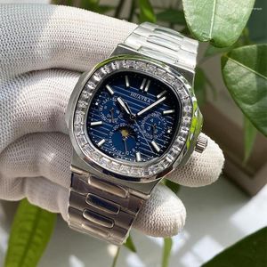 Нарученные часы смотрят Huayra Men's Men's Top Luxury Business Business Moonlight Водонепроницаемый синий циферблат Sun Moon Display