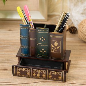 Pencilfodral Retro Wood Pen Holder Book Shape Desk Organizer för Stationery Office Decro Accessories Multifunktion Lagring Box Children Gift 230804