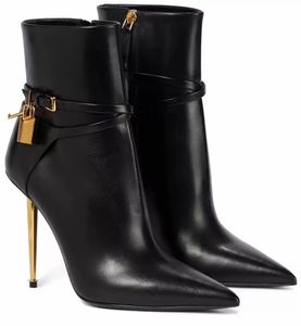 2023 Tom-Fords-Boots Women Ankle Boots Thin Heel Brand Designer Woman Belt Boot Padlock och Gold Ekeled Pointy Toe Dress Wedding Party Gift With Box