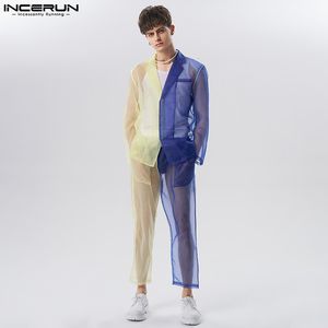 Mens Tracksuits Men Set Patchwork Mesh Transparent ColorBlock Long Sleeve Blazer Pants 2st Streetwear Fashion Suits Incerun S5xl 230803