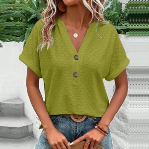 Kadın Tişörtleri Moda Düz Renk Düğmesi Ek Derin V Yaka T-Shirt Kadın 2023 Yaz Günlük Kısa Kollu Tee Tatlı Stil Gevşek Üstler