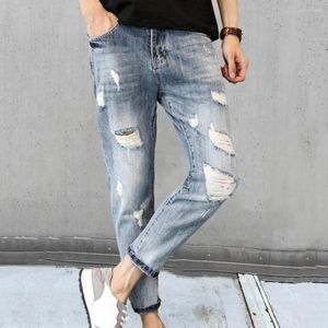 Men's Jeans Slim Fit Men Gradient Color With Ribbed Holes Multi Pockets Ankle Length Colorfast Firm