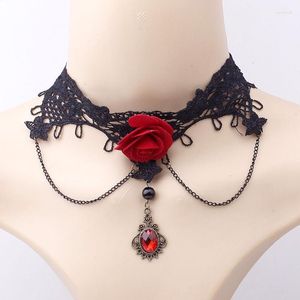 Choker gotisk svart spetshalsband för kvinnor mode långa tofs röda rosen strass kedja punk trendiga smycken tillbehör gåva