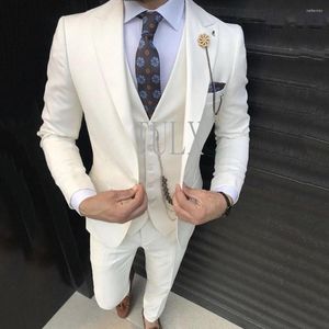 Men's Suits Ivory Slim Fit Men For Wedding 3 Piece Male Suit 2023 Set Jacket Vest With Pants Peaked Lapel Groom Wear Costume Homme