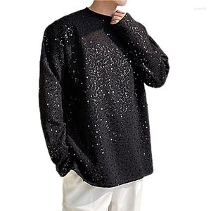 T-shirt da uomo T-shirt a maniche lunghe con paillettes da uomo sciolto O-Collo 2023 T-shirt casual da uomo stile coreano primavera nero / bianco