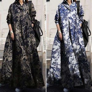 Large Size Womens Dress Printed Cotton And Linen Retro Ethnic Style Clothes Loose Long Sleeved