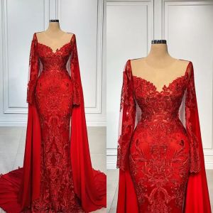 Muslim Mermaid Formal Evening Dresses Red with Wrap Turkish Arabic Dubai Bling Unique Prom Gowns BC14747 GJ0315