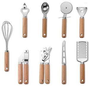 Servis uppsättningar Köket Köksredskap Set Rostfritt stål Gadgetverktyg med trähandtag Visp/Peeler/Cutter/Can Opener/Corkscrew