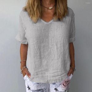 Camisetas femininas blusa feminina com decote em V manga curta ajuste solto camiseta feminina cor lisa pulôver de verão