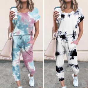 Conjunto de calças femininas de duas peças Roupas femininas 2 pçs/conjunto Top de verão Irregular Tie-dye Cores ricas Mangas curtas Gola redonda Mantenha o resfriamento