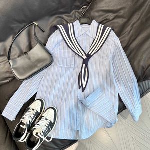 Small Cloak Shoulder Pocket Vertical Stripe Shirt Women's Spring/Summer 2023 New POLO Collar Lap Shoulder Navy Style Long Sleeve