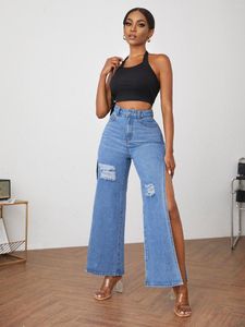 Frauen Jeans Frauen Frühling und Sommer Stil Mode Sexy Nachtclub Party Ripped Split Mid Blue Denim Hosen