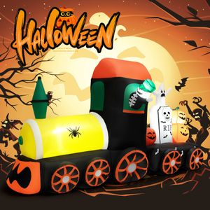 8 Fuß langes aufblasbares Halloween-Skelett-Fahrgeschäft im Zug, LED-beleuchtete Halloween-Dekoration