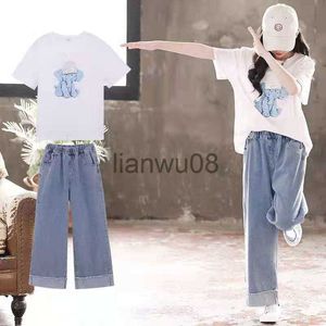 Kläderuppsättningar 2023 Summer Teens Girls Cartoon Loose White Elephant Tshirt Wide Leg Demin Long Pants Jeans kläder 8 10 12 14 16 Years X0803