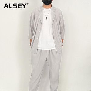 Mäns kostymer Alsey Miyake Spring Pleated Sacka Jacka Business Casual Solid Color Lapel Three-Quarter Sleeve Cardigan Manlig mode