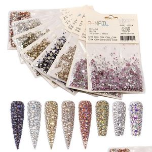 Dekoracje grafiki paznokci 1440pcs/pakiet Rhinestone SS2-SS20 Płaski dół AB Flame Crystal Rose Gold Row wiertło błyszczące szklane diamentowe paznokcie 3D DHCP8