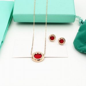 2023 lovely cute long rose gold thin stainless steel chain red crystal diamonds round plate design Women necklace earrings suit with dust bag and box